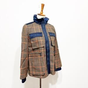 Tory Burch brown orange blue plaid wool anorak jacket coat Size XS